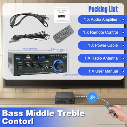 AK45 Stereo Home Audio Amplifier, 5.0 Mini Bluetooth Receiver, 300W *2 Blutooth HiFi Stereo Power Amplifier 2.0 Channel RMS 40W x 2 Home Stereo System with Remote Control Amp W/MIC,USB, RCA,FM Radio