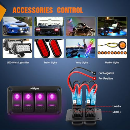 Nilight 4 Gang Rocker Switch Panel w/Purple LED Light 5Pin On Off Pre-Wired | Aluminum Toggle Switches Waterproof for 12V/24V Cars Marine Boats ATVs Trailers RV Trucks - color: Purple, size: 4 Gang