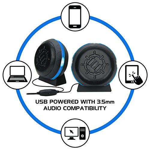 ENHANCE SL2 USB Classroom Speakers — 2.0 Stereo Sound System, 3.5mm Input, in-Line Volume Control, Compact for Desks, Laptops & Chromebooks — Perfect for School Labs & Classrooms (Blue LEDs)