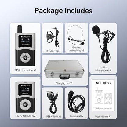Retekess T130U(4nd Gen T130)Tour Guide System,Tour Guide Headsets(2TX 32RX) | for Factory,Travel,Clear Sound Quality,200M,Digital Mode, Wireless Connection,32-Slot Charge Case,40H,Less Interference Voice - style: 2-32