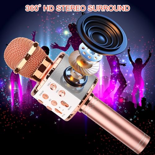 ShinePick Karaoke Microphone, 4 in 1 Wireless Microphone with LED Lights Handheld Portable Karaoke Machine, Home KTV Player, Compatible with Android & iOS Devices(Pink) - color: pink