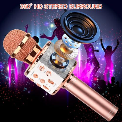 ShinePick Karaoke Microphone, 4 in 1 Wireless Microphone with LED Lights Handheld Portable Karaoke Machine, Home KTV Player, Compatible with Android & iOS Devices(Pink) - color: pink
