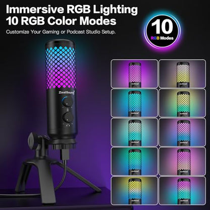 ZealSound Podcast Microphone for PC/Mac/iPhone/Phone – 96kHz/24bit USB Condenser Mic with Noise Reduction, Tap-to-Mute, Gain Control, Zero-Latency Monitor, RGB Light for Streaming, Gaming, Recording