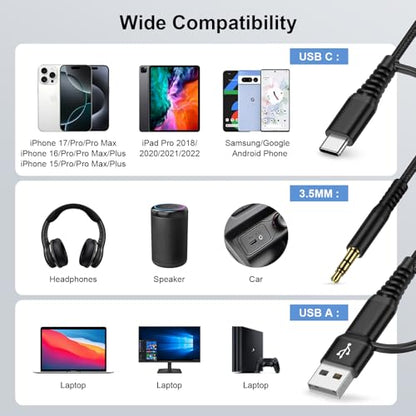 USB to 3.5mm Audio Aux Cable,2 in 1 3FT USB C & USB A to 3.5mm Male Audio - color: Black