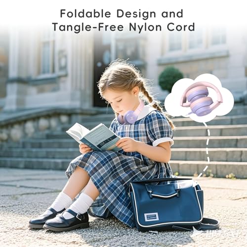 Candy Bila Wired Kids Headphones for School, Over-Ear for Boys Girls | Volume Limiter 85/94dB, HD Stereo Sound, Microphone and Wired Control, Foldable Design, Gradient Pink - color: Gradient Pink