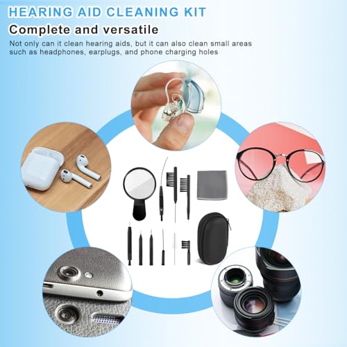 WXJ13 Hearing Aid Cleaning Kit, 13 Pieces, Includes Nylon Brushes, Magnifier, Ventilation Rod, Screwdriver, Case for Headphones, Earplugs, Mobile Phone Charging Holes