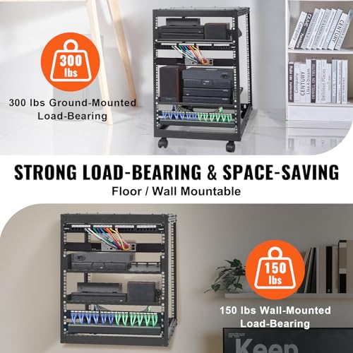 VEVOR 15U Open Frame Server Rack, 23''-40'' Adjustable Depth, Free Standing or Wall Mount Network Server Rack, 4 Post AV Rack with Casters, Holds All Your Networking IT Equipment AV Gear Router Modem - size: 15U