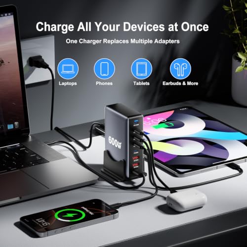 600W Fast Charging 8 Port USB C Charger Block with Nylon Fast Charging Cable, Multi-Device Charging Station Wall Desktop Charger with GaN Ⅲ Technology, USB-C Charger Adapter for MacBook/iPad/iPhone 17 - size: 600 W