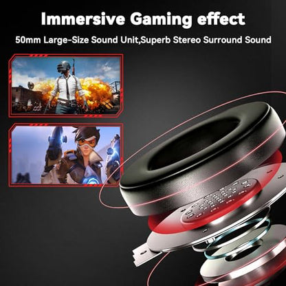 Jimonyer Gaming Headset with Microphone, 7.1 Surround Sound and Noise Canceling Over Ear Headphones for PC, PS4, PS5,Xbox Series,Switch, RGB Light and Soft Imitation Protein Earmuffs (Red) - color: Red
