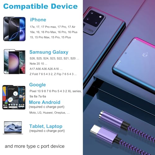 for iPhone 16e 17e 16 17 Pro Max Air, Headphone Earphone Jack Adapter | for iPhone 16 Plus, 15, 15 Pro, 15 Pro Max, 15 Plus, USB C to 3.5mm Headset Earbud Audio Adapter for Samsung Galaxy S25 Ultra - color: Purple