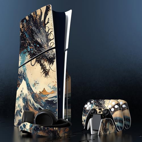 PlayVital Full Set Skin Sticker for ps5 Slim Console Disc Edition (The New Smaller Design), Vinyl Skin Decal Cover for ps5 Controller & Headset & Charging Station - Tempest Dragon - color: Tempest Dragon