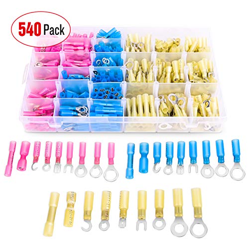 Nilight 540 PCS Heat Shrink Wire Connectors Waterproof Automotive Marine Electrical Terminals Kit Ring Fork Hook Spade Butt Splices - color: 540Pcs Mixed Heat Shrink Terminals