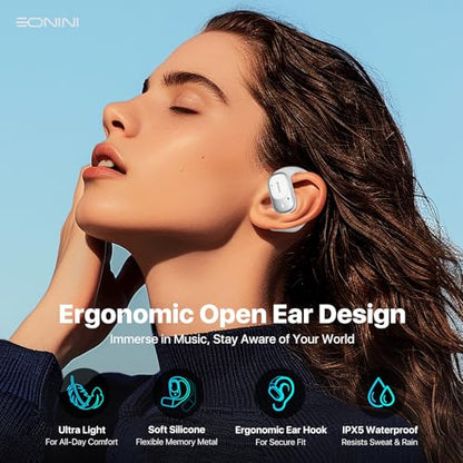 Eonini Open-Ear Earbuds with Earhooks, LED Display Case, Lightweight & Secure Fit, All-Day Comfort, Stay-Aware Design, Clear Calls, 40H Playtime, IPX5 Waterproof Bluetooth 5.3 for Running, Gym - color: White