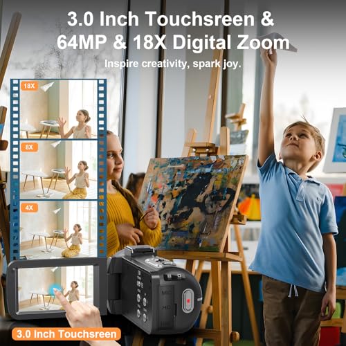 8K 64MP Video Camera Camcorder 18X Zoom WiFi IR Night Vision Camcorders | 3.0'' Touch Screen Webcam Vlogging Camera for YouTube with 64GB SD Card, 2 Batteries, Remote Control, Mic and Stabilizer