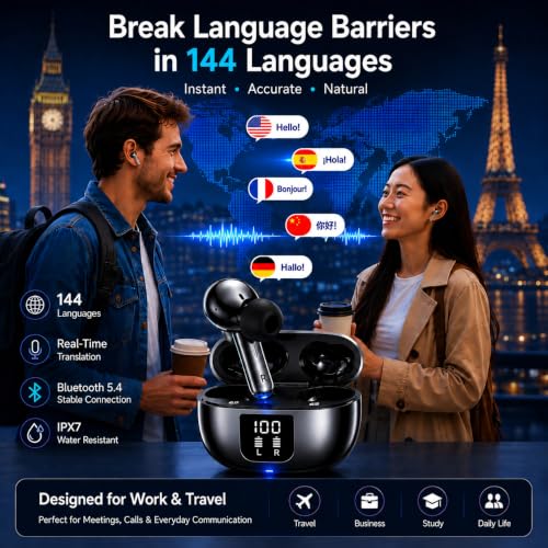 AI Translation Earbuds, Real-Time Translator Earbuds for 144 Languages, Bluetooth 5.4 Wireless Earbuds with ANC & ENC Noise Cancellation, HD Calls, Deep Bass, IPX7 Waterproof