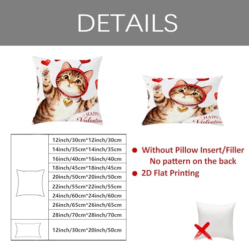 Cat Throw Pillow Covers Set of 2, Playful Fanciful Hearts Red Headband Valentine Red with Hidden Zipper Decorative Pillow Cases for Living Room Apartment Bed Sofa Decor 20x20 Inch - size: 20" x 20" (Pack of 2)