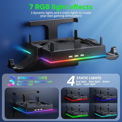 RGB Wall Mount for Xbox Series X -Sturdy Shelf Holder Load Up 10Kg | Integrated Ventilation, RGB Light, 3 USB Port, Prevent Falling, 2 Holder, Headphone Stand & Dust Cover Kit - Wall