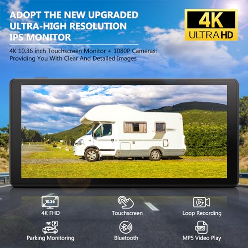 4K RV Backup Camera System, 10.36" Quad Split Touchscreen Monitor | 1080P 2 Rear & 2 Side View Cameras, DVR Recording Bluetooth Music USB Video IP69 Waterproof Night Vision for Trailer RV Truck - size: 10.36 inch