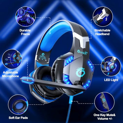 VersionTECH. G2000 Gaming Headset for PS5 PS4 Xbox One Controller,Bass Surround Noise Cancelling Mic, Over Ear Headphones with LED Lights for Mac Laptop Xbox Series X S Nintendo Switch NES PC Games