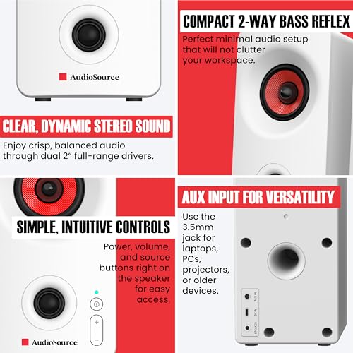 Audiosource Desktop PC Speakers with Bluetooth 5.3, USB-C Plug & Play, 2.0 Stereo Computer Speakers with Dual 2" Drivers, Compact Design, AUX Input, LED Indicator (White) - color: White