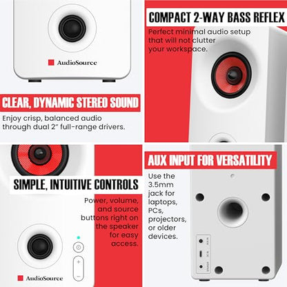 Audiosource Desktop PC Speakers with Bluetooth 5.3, USB-C Plug & Play, 2.0 Stereo Computer Speakers with Dual 2" Drivers, Compact Design, AUX Input, LED Indicator (White) - color: White