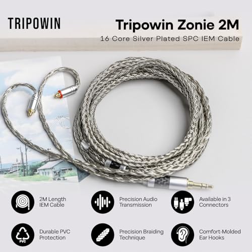 Tripowin Zonie 2M 16-Core SPC IEM Replacement Cable with 3.5mm Jack | PVC Jacket, Tangle-Free Braid, Ergonomic Earhooks for Audiophiles, HiFi Extension Cord for Wired Earbuds (Recessed 2Pin) - style: Recessed 2Pin