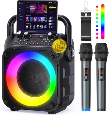 Karaoke Machine, Portable Bluetooth Speaker with 2 Wireless Mics for Adults & Kids with LED Lights, Bass/Treble Adjustment, PA System Supports USB/TF/FM/AUX/TWS for Party Home System Packages
