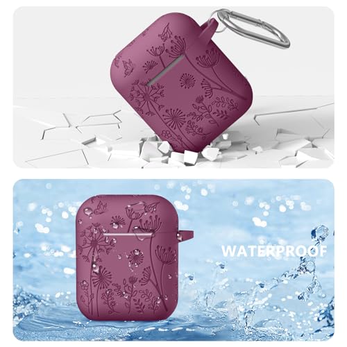 Lerobo for AirPod Case 2nd/1st Generation with Keychain | Flower Engraved Soft Silicone Cover for AirPods 2 Case, Wireless Charging, Shockproof, One-piece Design, Easy to Clean - color: Purplish Red
