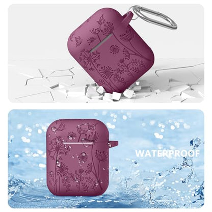 Lerobo for AirPod Case 2nd/1st Generation with Keychain | Flower Engraved Soft Silicone Cover for AirPods 2 Case, Wireless Charging, Shockproof, One-piece Design, Easy to Clean - color: Purplish Red