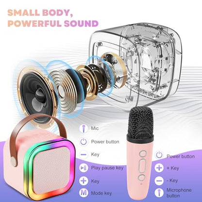 Mini Karaoke Machine, Portable Bluetooth Karaoke Speaker with 2 Wireless Microphones and Light for Family Home Party,Toys for Girls Boys Friends Age 3-12+ Kids and Adults Birthday Gifts.(Pink) - color: Pink