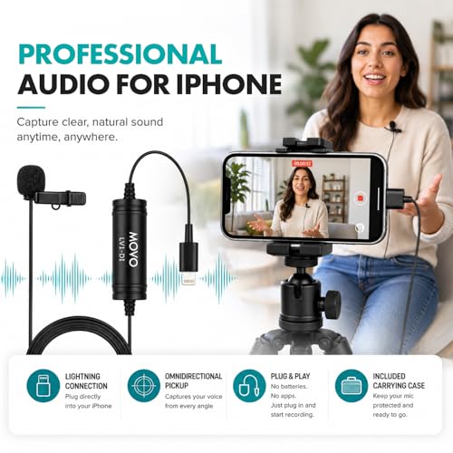 Movo LV1-DI Lavalier Microphone for iPhone & iPad – MFi Certified Lightning Clip-On Mic – 20ft Cable – for YouTube, TikTok, Podcasts, Interviews & Vlogging