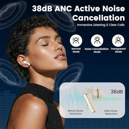 Wireless Earbuds with Smart Touch Screen Bluetooth in-Ear Headphones ANC Noise Cancelling Clear Calls 60H Playtime IPX5 Waterproof Earbuds for Sports Gym Work Travel - color: Beige