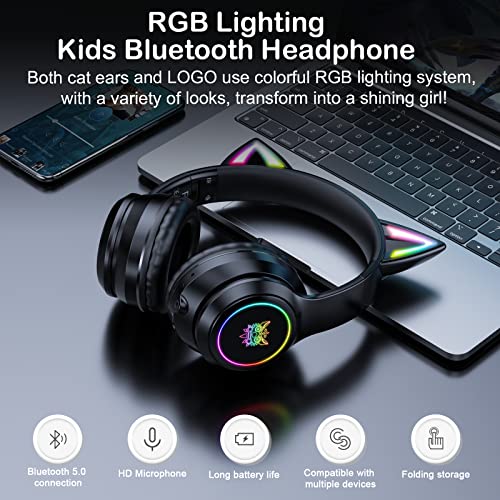Bluetooth RGB Cat Ear Headphones, Foldable/Built-in Mic, Black | Wireless/wired, clear Hi-Fi sound, breathing lights, for kids/adults/boys/school/gaming, works with phone/laptop/PC/tablet - color: Black