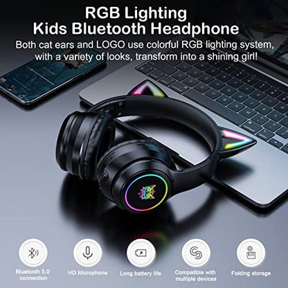 Bluetooth RGB Cat Ear Headphones, Foldable/Built-in Mic, Black | Wireless/wired, clear Hi-Fi sound, breathing lights, for kids/adults/boys/school/gaming, works with phone/laptop/PC/tablet - color: Black