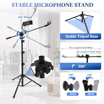 Relaxweex 4 Pcs Tripod Microphone Stand Boom Arm Floor Mic Stand Adjustable Height 24-64 inch with 4 Carrying Bag and 8 Mic Clips for Singing Stage Wedding Karaoke Church(Universal Style)