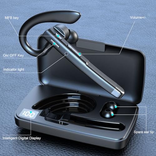 Pomya Single Ear Bluetooth Headset with Noise Cancelling Dual Mic, IPX7 Water Proof, 180 Rotatable, 64H Talk Time, LED Display for Truck Drivers Business Calls