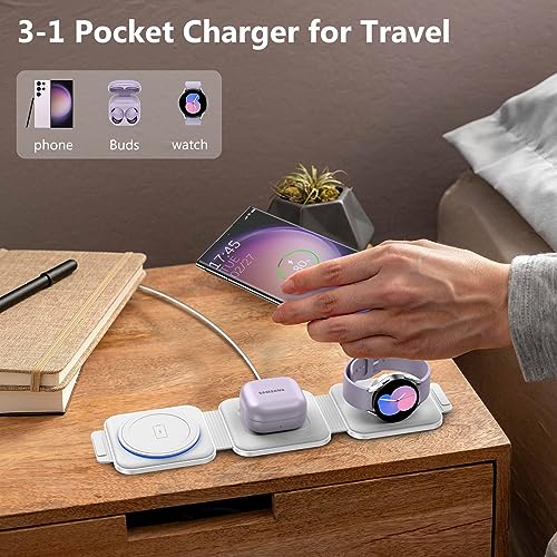 Travel Charger for Samsung Multi Devices, Foldable 3 in 1 Wireless Charging Station Fast Charging Stand/Pad Compatible for Samsung Galaxy S25/S24/S23/S22/S21/Note20 Galaxy Watch8/7/6/5/4/Galaxy Buds4 - color: white
