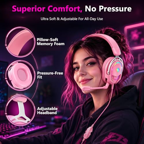 K98 Wired RGB Gaming Headset with Mic, Over Ear Gaming Headphones, 50mm Neodymium Drivers, Noise Isolating Microphone, Memory Foam Cushions, Aluminum Alloy Frame for PC, PS5, PS4, Xbox, Switch - color: Pink RGB