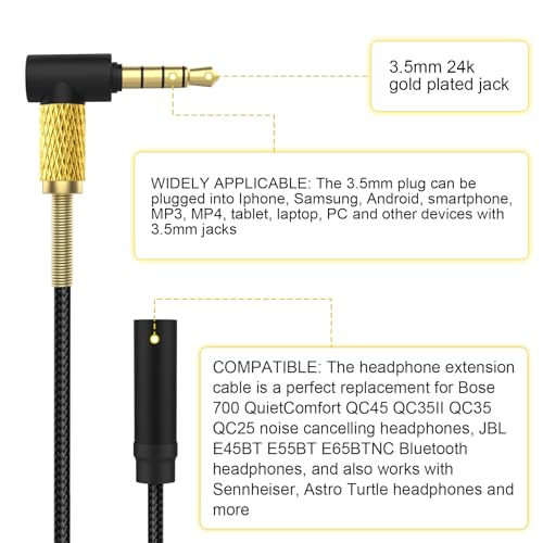 Headphone Extension Cable with Mute & Volume Control Compatible with Bose QC45 QC35ii QC35 QC25 NC700 Headphones Cable, 3.5mm Male to Female Audio Cable, 6.6ft