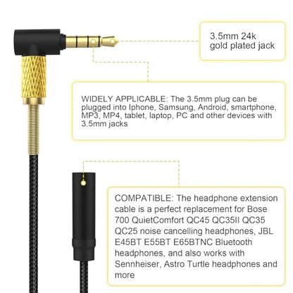 Headphone Extension Cable with Mute & Volume Control Compatible with Bose QC45 QC35ii QC35 QC25 NC700 Headphones Cable, 3.5mm Male to Female Audio Cable, 6.6ft