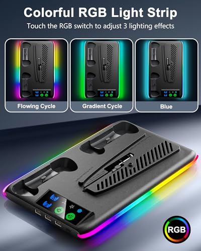Honghao Controller Charger for PS5/PS5 Slim/Pro: PS5 Cooling Fan and Controller Charger Station, PS5/PS5 Slim Stand Accessories Vertical Charging Dock Stand for PlayStation 5 (Black) - color: Black