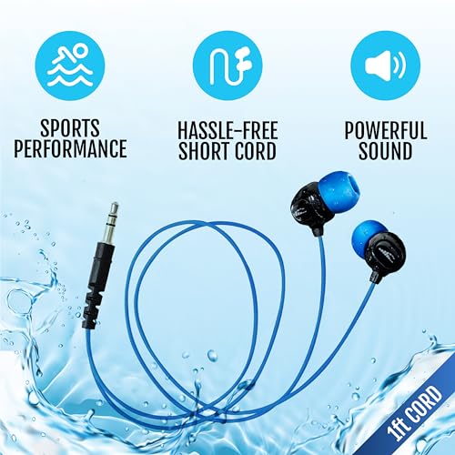 H2O Audio Surge S+ Waterproof Sport Headphones, (Short Cord Design) – in-Ear Sweatproof Earbuds for Swimming, Running, Cycling – IPX8 Waterproof, Compatible with iPods & MP3 Players