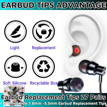 54Pcs Earbud Replacement Tips，Ear Bud Rubber Tips Silicone Earbud Tips Earbud Covers Silicone Tips Headphone Covers for Ears Headphone Ear Covers Replacement (Inner Hole 3.8mm -5.1mm) 27 Pairs S M L