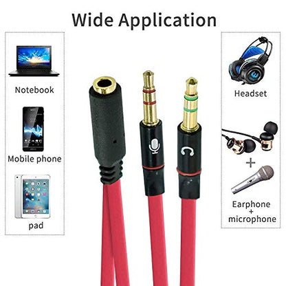 SaiTech IT 3.5mm Female to Dual Male Headphone Splitter, Mic Audio, Red | .5mm Female to 2 Dual Male Headphone Microphone Y Splitter Cable Mic Audio Stereo Jack Earphones - size: 2 Pk Red 2M 1F