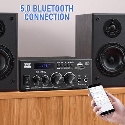 Facmogu BT-398A 스테레오 디지털 오디오 앰프, 최대 450Wx2 HiFi 사운드 오디오 파워 앰프 시스템, 홈 시어터 차고용 2.0 채널 수신기 앰프, 섬유/구리 잭 포함, USB/SD/AUX/RCA/MIC in 에코 포함 - style: 최대 450Wx2