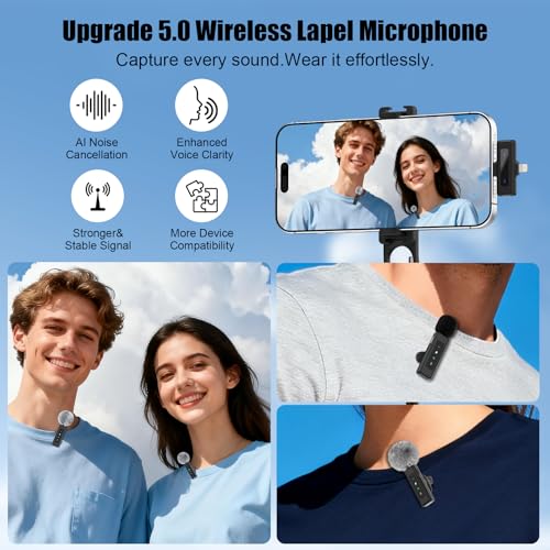 Wireless Mini Microphone for iPhone, Android - 2 Pack Lavalier Microphone for Video Recording,Clip-on Mics Content Creator Microphones for YouTube Tiktok Podcast Vlogging