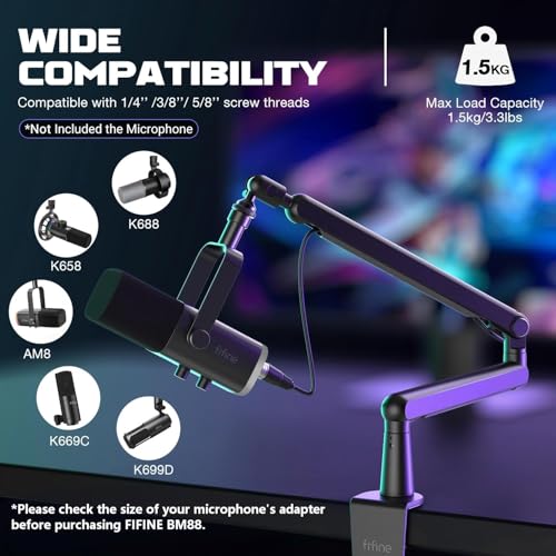 FIFINE BM88 Low Profile Microphone Boom Arm Stand for Gaming Streaming | Adjustable Stick Stand, Desk Mount Clamp, Cable Management, Screw Adapter, for Podcast Streaming Gaming - color: Black
