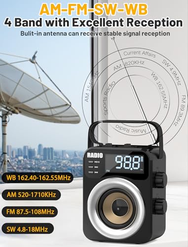 Portable AM/FM/WB/SW Radio, 4000mAh Rechargeable & 3×D Cell Battery Powered | Bluetooth Digital Radios 10W Speaker,TF/USB Playback,LCD Display Weather Alert For Home Outdoor Emergency