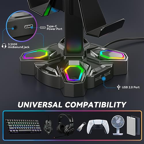 KDD Gaming RGB Headphones Stand & 4 in 1 Desk Cup Holder - Rotatable Headset Stand with 9 Light Modes - Clamp on Under Desk Headphone Hanger