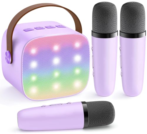 YLL Mini Karaoke Machine with 3 Wireless Microphones, Gifts for Kids | Portable Magic Voice Bluetooth Speaker, Birthday Gifts for Girls Boys Ages 3, 4, 5, 6, 7, 8, 9, 10, 12+ Year Old Family Party - color: Purple-3 Mics
